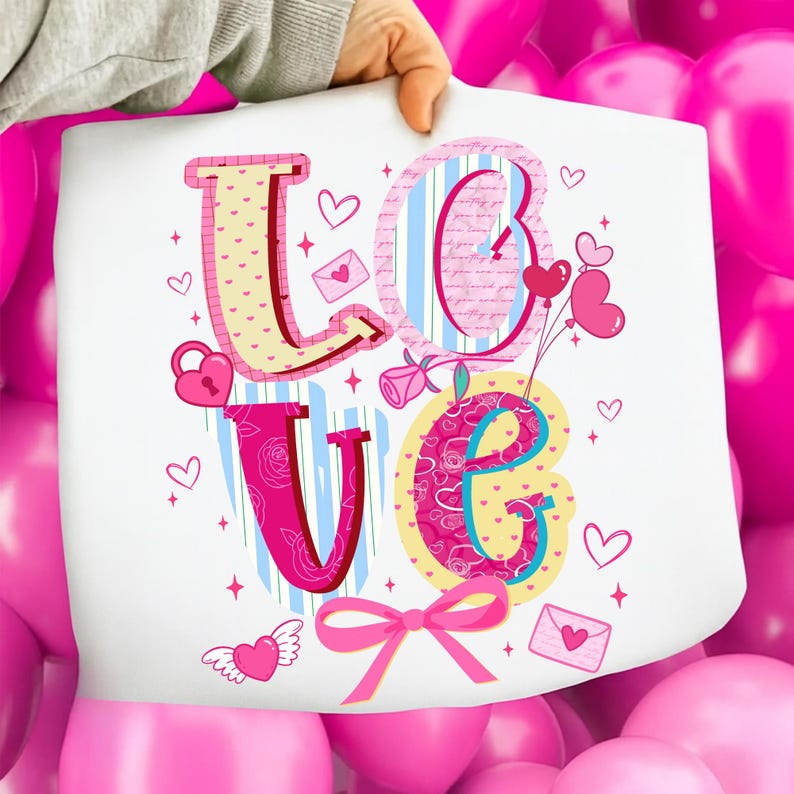 以下が含まれることがあります： 「LOVE」の文字が大きくカラフルに描かれた白い紙。文字はハート、バラ、リボンで装飾されています。背景はピンク色の風船のミックスです。