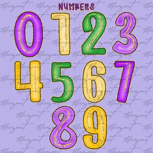 May include: Colorful digital art featuring the numbers 0 through 9 in various colors, including purple, green, and yellow, with gold glitter accents. The word "NUMBERS" is at the top. The background is a light purple color.
