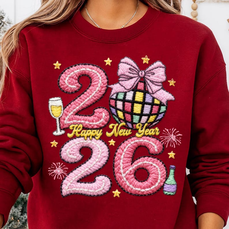 May include: A maroon sweatshirt with embroidered New Year's design. The design includes the numbers "26" in pink, a disco ball, champagne glass, bow, stars, and the text "Happy New Year".