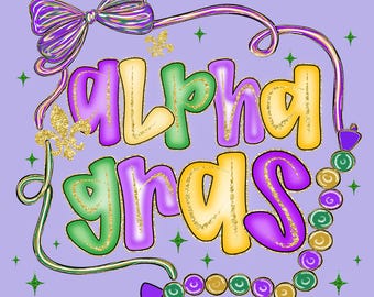 Mardi Gras Alphabet PNG Bundle Coquette Preppy Style Letters Numbers Clipart in Purple Green Gold for Sublimation Crafts