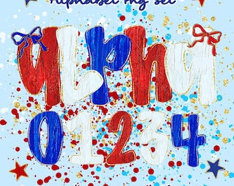 4th of July Alphabet PNG Bundle Patriotic Letters and Numbers USA Flag Style Independence Day Clipart Set Sublimation Cricut Designs