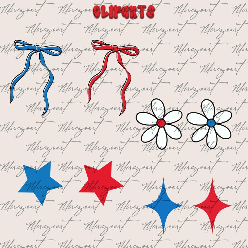 May include: A collection of patriotic-themed clip art elements. Includes blue and red bows, white daisies with red and blue centers, and blue and red stars and diamond shapes. The word "cliparts" is in red at the top.