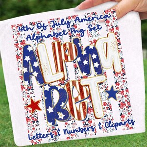 May include: A white background with the words "4th of July America Alphabet Png Set" and the word "ALPHABET" in large letters. The letters are decorated with red and white stripes, blue stars, and gold trim. Red and blue stars and floral patterns are also present.