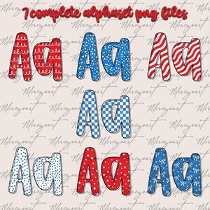 May include: A collection of seven complete alphabet PNG files. The letters are in red, white, and blue patterns, including stars, stripes, and polka dots. The image features both uppercase and lowercase "A" letters.