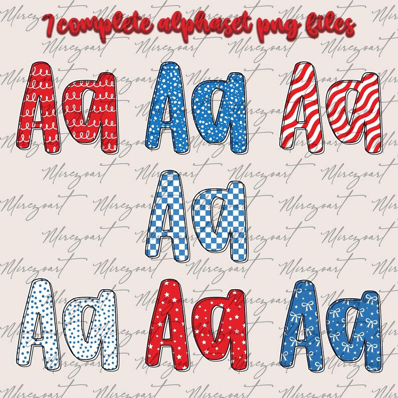 May include: A collection of seven complete alphabet PNG files. The letters are in red, white, and blue patterns, including stars, stripes, and polka dots. The image features both uppercase and lowercase "A" letters.