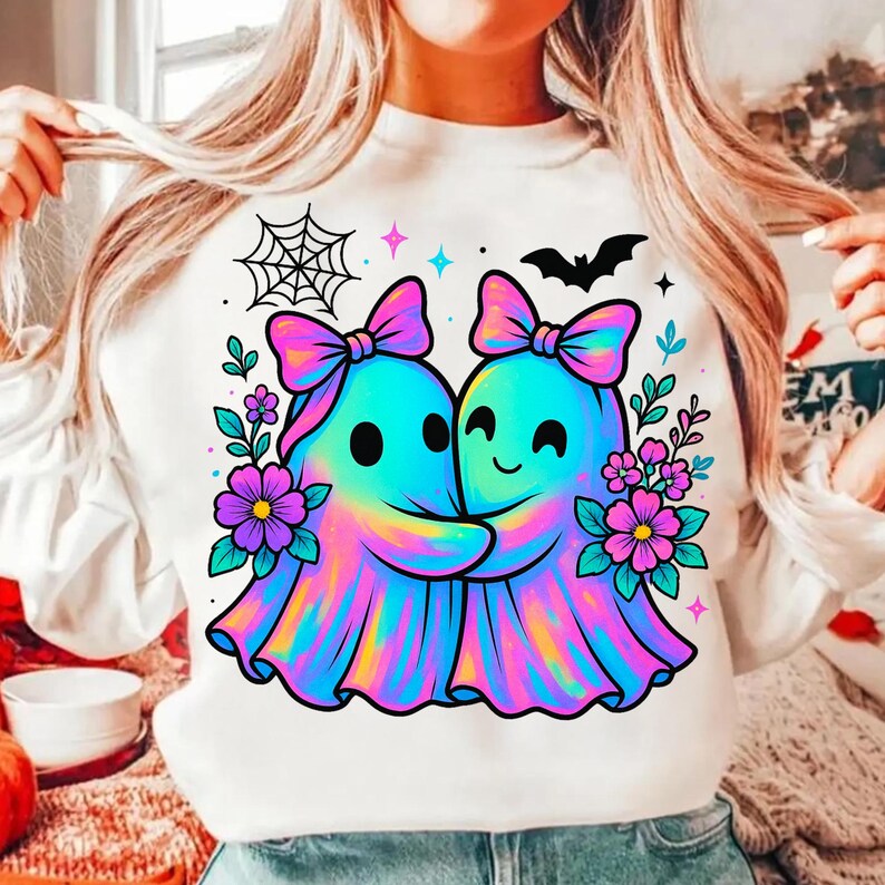 May include: White sweatshirt featuring a colorful graphic of two hugging ghosts with bows, surrounded by flowers, a spiderweb, and a bat. The ghosts are in shades of blue, pink, and yellow. A cute and whimsical design.