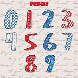 May include: A collection of decorative numbers 0-9, each with a unique pattern. The numbers are outlined in black and filled with designs like checkered patterns, stars, stripes, and bows in red and blue. The word "NUMBERS" is at the top.