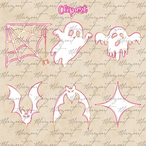 May include: A collection of Halloween-themed clipart illustrations. The image features a spider web, ghosts, bats, and a starburst shape, all outlined in pink and gold. The word "Clipart" is written in pink at the top.