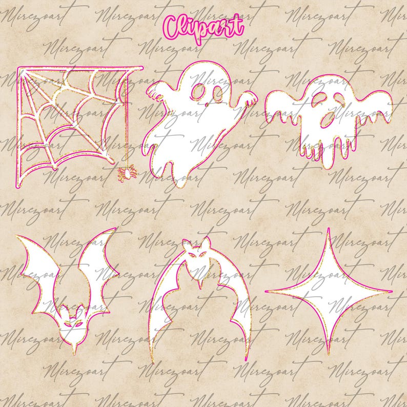 May include: A collection of Halloween-themed clipart illustrations. The image features a spider web, ghosts, bats, and a starburst shape, all outlined in pink and gold. The word "Clipart" is written in pink at the top.