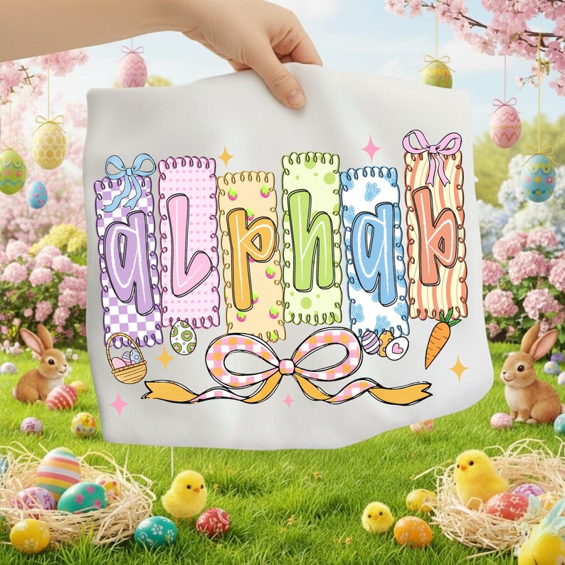 May include: A white fabric with the word "Alpha" in colorful, decorative letters. The letters are in pastel colors with Easter-themed embellishments, including eggs, bows, and a carrot. The background features Easter eggs, bunnies, and chicks.