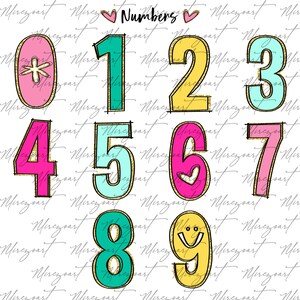 K&ouml;nnte beinhalten: Bunte Zahlen 0-9 in verschiedenen Rosa-, T&uuml;rkis-, Gelb- und Gr&uuml;nt&ouml;nen, umrandet mit Schwarz und einem goldenen Glitzerrahmen. Das Wort "Numbers" steht oben, mit zwei rosa Herzen. Die Zahlen haben einen verspielten, cartoonartigen Stil.