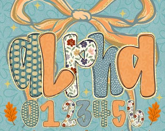 Preppy Floral Fall Coquette Alphabet PNG Set – Brushstroke Letters Numbers Clipart for Sublimation Autumn Digital Craft Designs