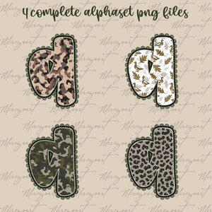 May include: Four decorative letter "d" PNG files with different patterns: camouflage, ducks and leaves, green camouflage, and leopard print. Each letter is outlined with a dark green lace trim. The text "4 complete alphaset png files" is at the top.