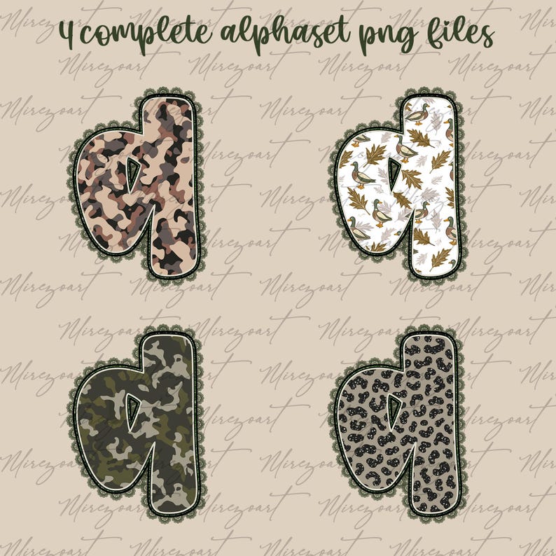 May include: Four decorative letter "d" PNG files with different patterns: camouflage, ducks and leaves, green camouflage, and leopard print. Each letter is outlined with a dark green lace trim. The text "4 complete alphaset png files" is at the top.