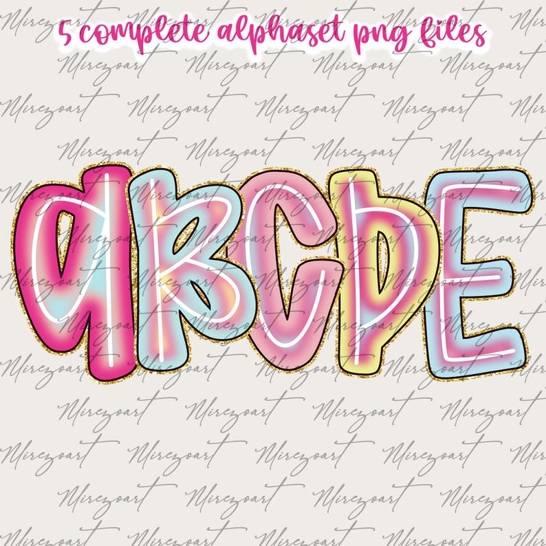 May include: A colorful digital graphic featuring the letters A, B, C, D, and E in a bubble letter style. The letters are pink with a white outline and a gradient of blue and yellow. The text "5 complete alphaset png files" is at the top.