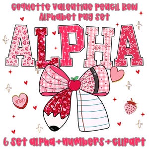 Op de afbeelding: Een digitaal ontwerp met Valentijnsthema met het woord "ALPHA" in roze letters met hartpatronen. Een grote strik met een potloodontwerp en een appel staat in het midden. Het ontwerp bevat harten, aardbeien en de tekst "XOXO".