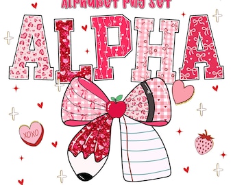 Coquette Valentine Alphabet PNG Set Pencil Bow Letters and Numbers with Hearts and Clipart for Sublimation and Craft Projects