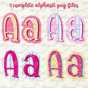 May include: Digital alphabet PNG files featuring the letter "A" in various designs. The letters are in pink, blue, and yellow with patterns including hearts, stripes, and roses. The text "4 complete alphabet png files" is at the top.