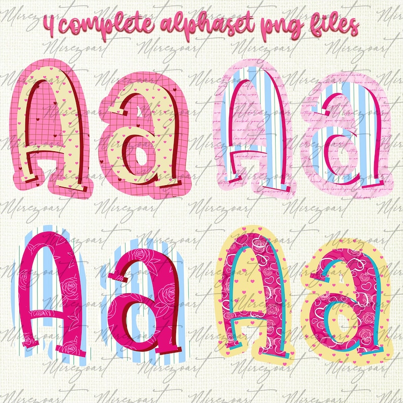 May include: Digital alphabet PNG files featuring the letter "A" in various designs. The letters are in pink, blue, and yellow with patterns including hearts, stripes, and roses. The text "4 complete alphabet png files" is at the top.