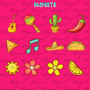 May include: A collection of colorful Mexican-themed clip art on a pink background. The illustrations include a guitar, maraca, cactus, chili pepper, tortilla chip, musical note, sombrero, taco, sun, flowers, and a lemon slice.