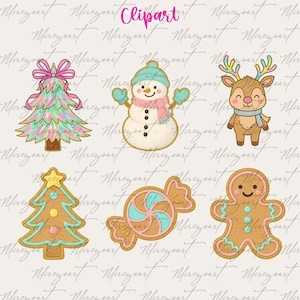 May include: A collection of Christmas-themed clipart illustrations. Includes a decorated Christmas tree, a snowman with a pink scarf, a reindeer with antlers, a gingerbread tree, a candy, and a gingerbread man. The word "Clipart" is written in pink.