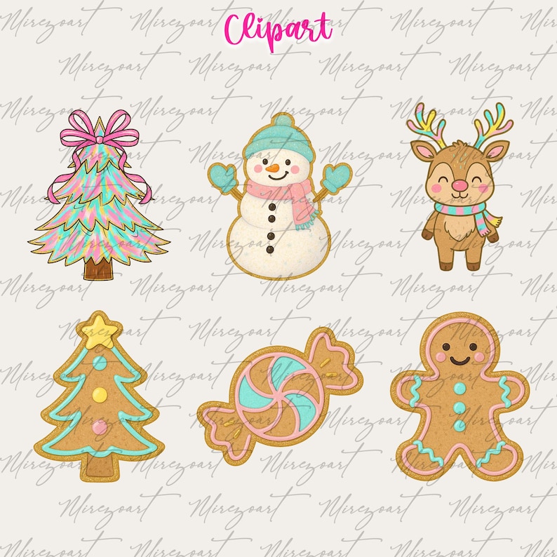 May include: A collection of Christmas-themed clipart illustrations. Includes a decorated Christmas tree, a snowman with a pink scarf, a reindeer with antlers, a gingerbread tree, a candy, and a gingerbread man. The word "Clipart" is written in pink.