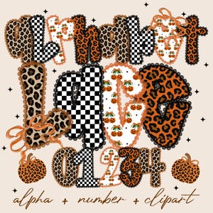 May include: A digital design with the words "alpha" and "number" in various patterns, including leopard print, checkered, and pumpkin designs. The design also includes the numbers 0-4 and decorative pumpkins.