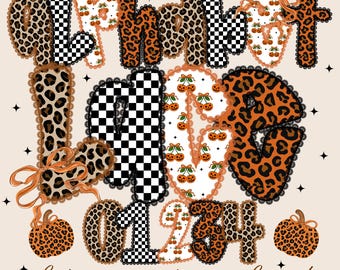 Trendy Leopard Pumpkin Halloween Alphabet PNG – Fall Letters & Numbers with Checkerboard and Cute Clipart for Sublimation Crafts