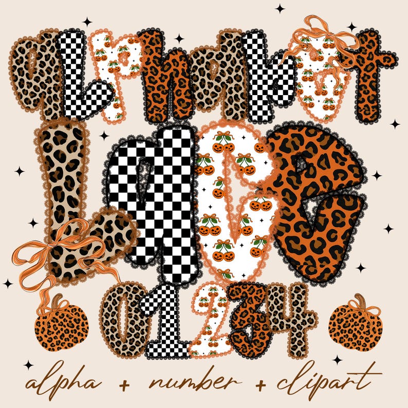 May include: A digital design with the words "alpha" and "number" in various patterns, including leopard print, checkered, and pumpkin designs. The design also includes the numbers 0-4 and decorative pumpkins.