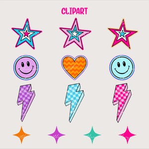 May include: A collection of retro-style clipart elements, including stars, smiley faces, hearts, lightning bolts, and stars. The clipart features vibrant colors like pink, blue, orange, and purple, with a distressed, vintage aesthetic. The word "CLIPART" is written in pink at the top.