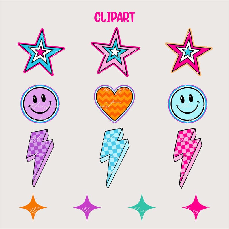 May include: A collection of retro-style clipart elements, including stars, smiley faces, hearts, lightning bolts, and stars. The clipart features vibrant colors like pink, blue, orange, and purple, with a distressed, vintage aesthetic. The word "CLIPART" is written in pink at the top.