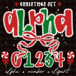 May include: A Christmas-themed graphic with the word "ALPHA" in red and green, outlined with white lace. Numbers 0-4 are also featured, along with a red bow and two candy canes. The text "Christmas Set" is at the top.