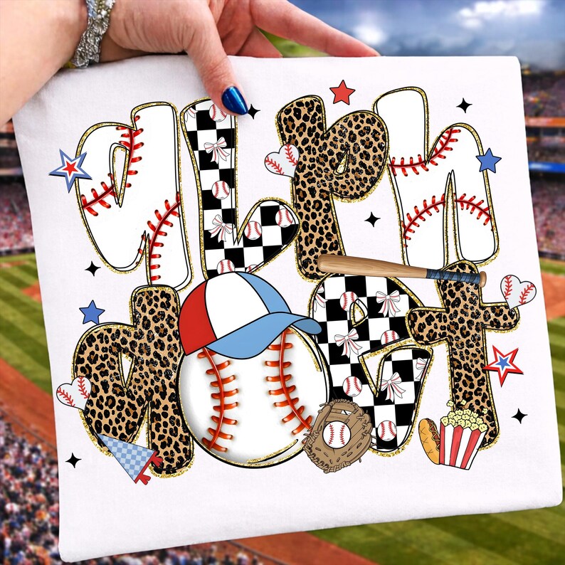 May include: White baseball-themed graphic with the words "Baseball Mom" in a playful font. The design includes baseballs, a baseball cap, a bat, and stars. The letters have a mix of leopard print, baseball stitching, and checkered patterns.