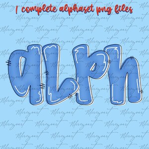May include: A digital graphic featuring the word "GLYPH" in a blue, bubble-style font with white outlines and stitched details. The text "I complete alphaset png files" is at the top in red. The background is light blue with a repeating script pattern.