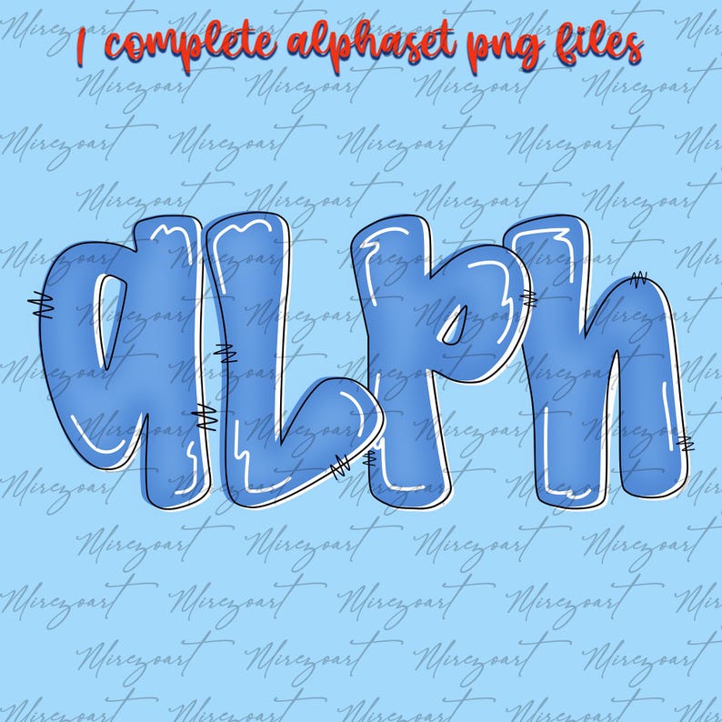May include: A digital graphic featuring the word "GLYPH" in a blue, bubble-style font with white outlines and stitched details. The text "I complete alphaset png files" is at the top in red. The background is light blue with a repeating script pattern.