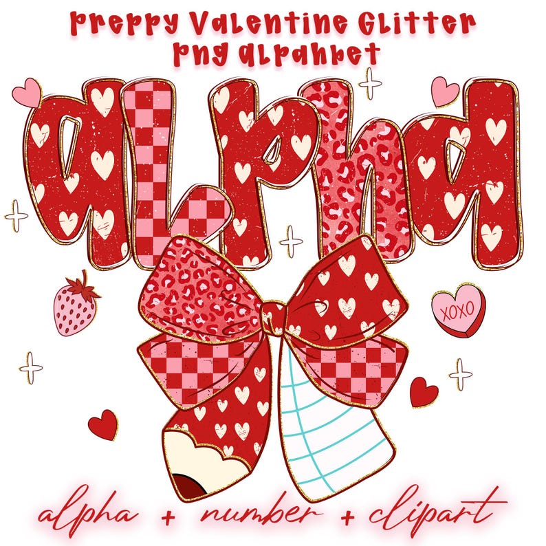 May include: A digital design featuring the word "KIND" in a preppy Valentine's Day theme. The letters are red with various patterns, including hearts, leopard print, and checkered designs. A large bow and other Valentine's Day elements are also included.