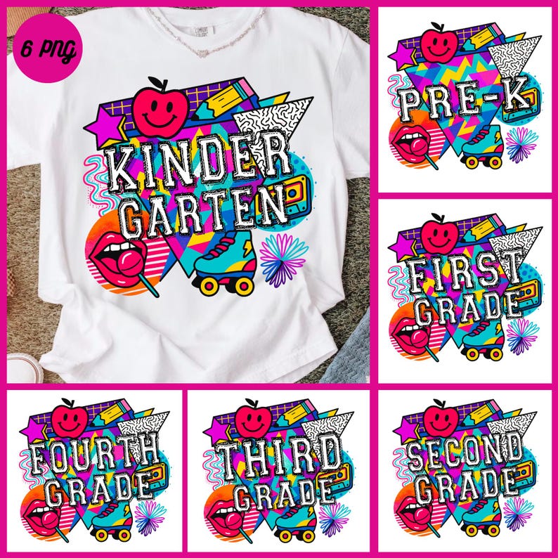 Pu&ograve; includere: T-shirt bianca con un design grafico colorato con la scritta "KINDERGARTEN" in stile retr&ograve;. Il design include una mela, pattini a rotelle e altri elementi a tema scolastico. Sono presenti anche altri design per Pre-K, First, Third, Fourth e Second Grade.