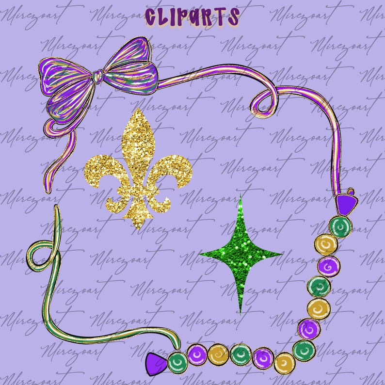 May include: A digital clipart design featuring a purple bow, a gold fleur-de-lis, a green star, and a beaded necklace in purple, green, and gold. The word "CLIPARTS" is at the top. The background is a light purple color.