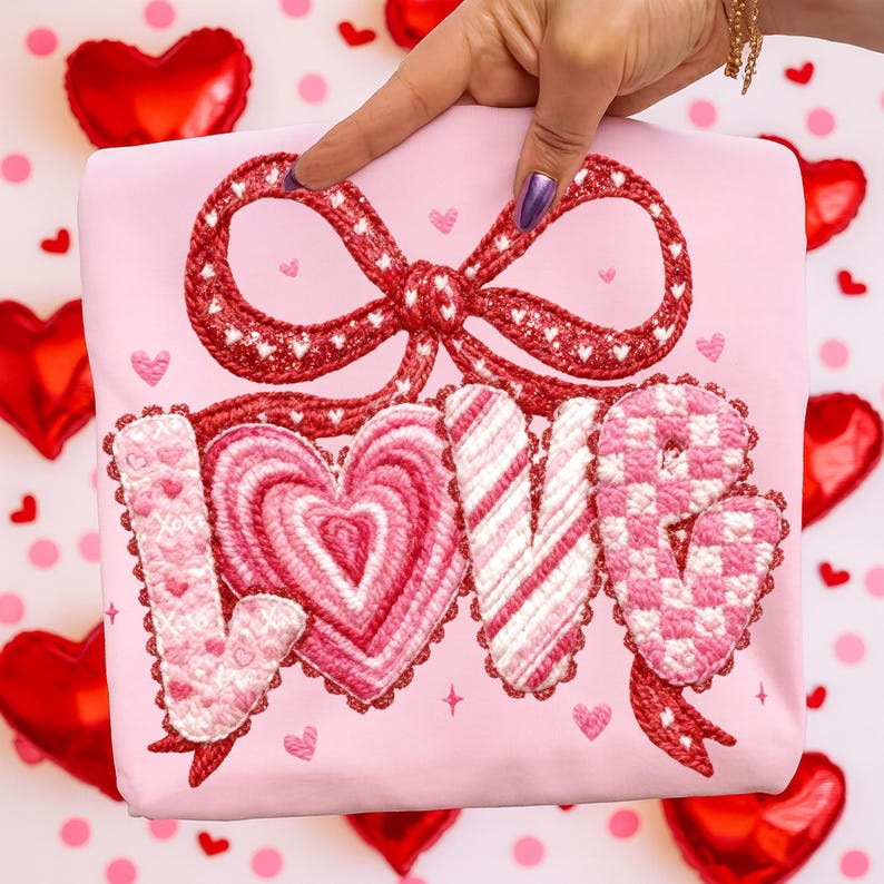 May include: A light pink tote bag with a red embroidered bow and the word "LOVE" in a decorative font. The letters are in pink and white patterns, with heart and star accents. The bag is held up against a background of red heart-shaped balloons.