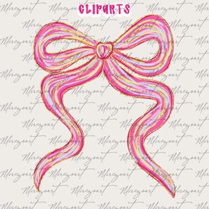 May include: A pink and gold bow illustration with a heart-shaped center. The bow features a striped design with pink, yellow, and blue hues, outlined with gold glitter. The word "CLIPARTS" is at the top.