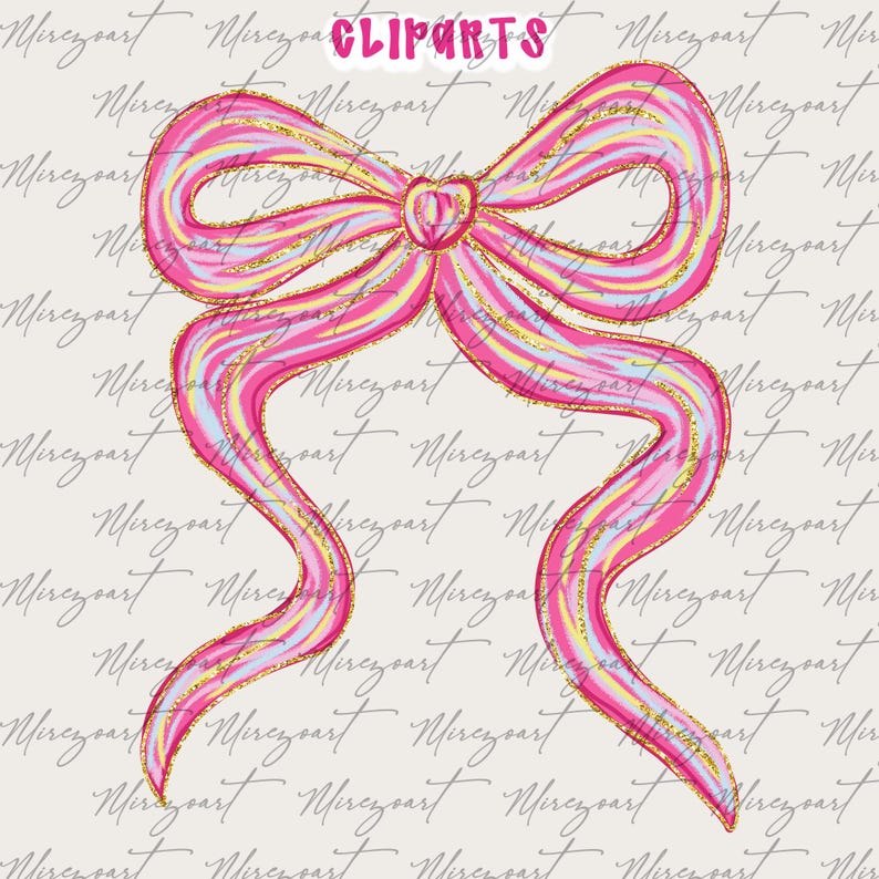 May include: A pink and gold bow illustration with a heart-shaped center. The bow features a striped design with pink, yellow, and blue hues, outlined with gold glitter. The word "CLIPARTS" is at the top.