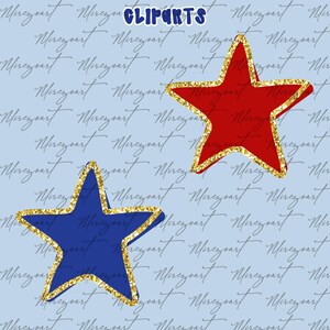 May include: Two star-shaped cliparts, one red and one blue, with gold glitter borders. The word "CLIPARTS" is in blue, and the background is a light blue colour with a script-like pattern.