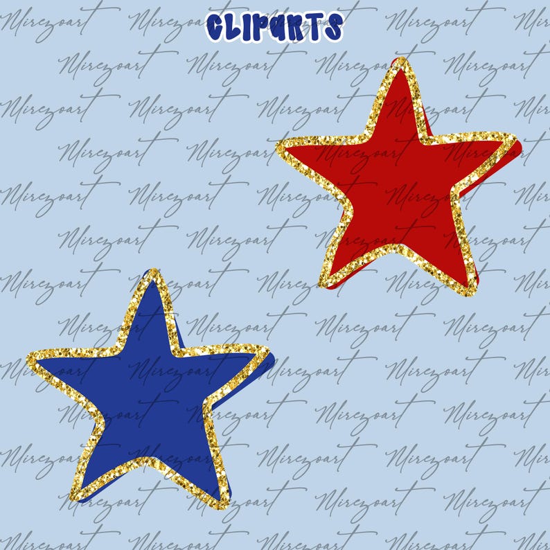 May include: Two star-shaped cliparts, one red and one blue, with gold glitter borders. The word "CLIPARTS" is in blue, and the background is a light blue colour with a script-like pattern.