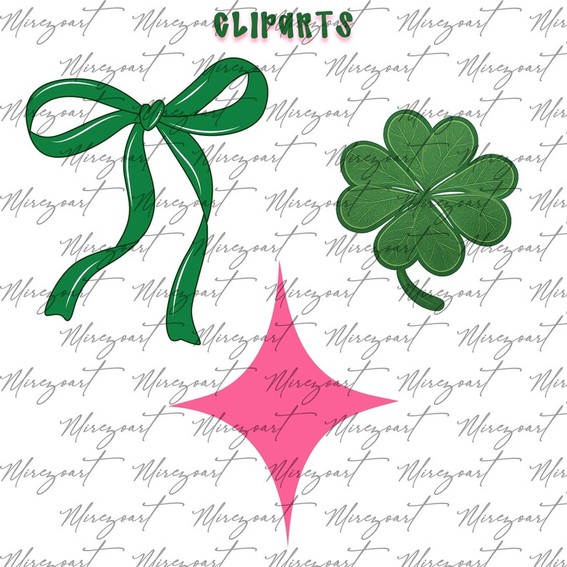 Pu&ograve; includere: Set di clipart digitali con un fiocco verde, un quadrifoglio e una forma a stella rosa. La parola "CLIPARTS" &egrave; scritta in verde sopra le immagini. Lo sfondo &egrave; un motivo di testo corsivo.