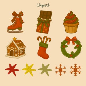 May include: A collection of Christmas-themed clipart illustrations. Includes a red ice skate with a bow, a chocolate bar wrapped as a gift, a cupcake, a gingerbread house, a stocking with candy canes, a wreath, and stars and snowflakes.