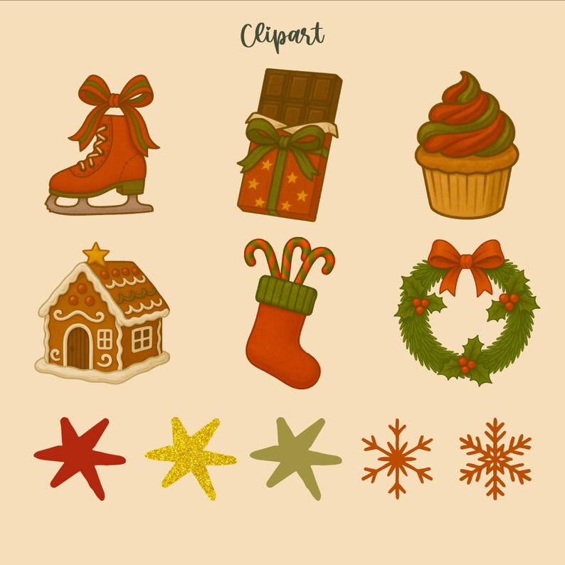 May include: A collection of Christmas-themed clipart illustrations. Includes a red ice skate with a bow, a chocolate bar wrapped as a gift, a cupcake, a gingerbread house, a stocking with candy canes, a wreath, and stars and snowflakes.