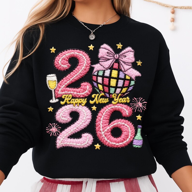 May include: Black sweatshirt with a colorful embroidered design for the New Year. The design includes the numbers "26" in pink, a disco ball, a champagne glass, and the words "Happy New Year". Gold stars and fireworks complete the festive look.