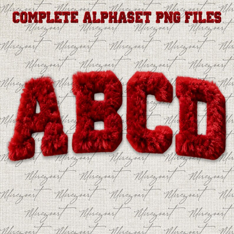 May include: Red, fluffy letters A, B, C, and D from a complete alphabet set. The letters are on a textured, off-white background with the text "COMPLETE ALPHASET PNG FILES" at the top.