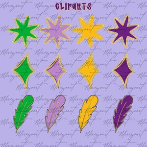 May include: A collection of colorful clipart elements, including stars, diamonds, and feathers, outlined in gold glitter. The clipart is in shades of green, purple, and yellow, set against a light purple background. The word "CLIPARTS" is at the top.