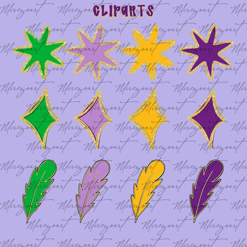 May include: A collection of colorful clipart elements, including stars, diamonds, and feathers, outlined in gold glitter. The clipart is in shades of green, purple, and yellow, set against a light purple background. The word "CLIPARTS" is at the top.